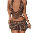 SHENHE Women's Sexy Y2k 2 Piece Outfits Leopard Halter Backless Crop Top Layered Ruffle Mini Skirt Set Brown XS