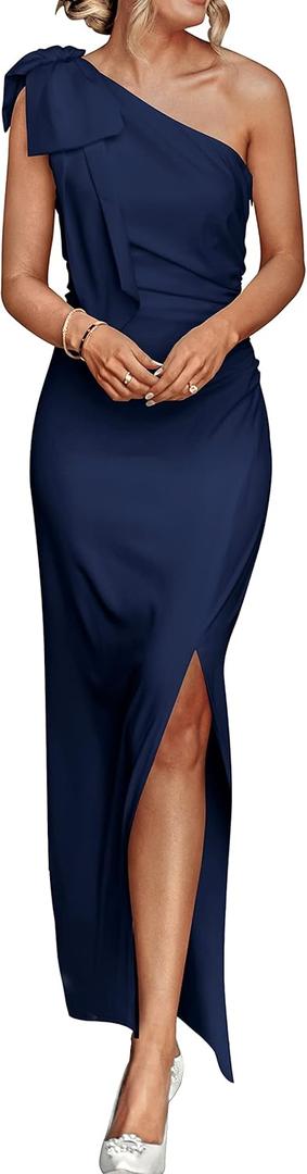 PRETTYGARDEN Women's Summer One Shoulder Long Formal Dresses Sleeveless Ruched Bodycon Wedding Guest Slit Maxi Dress (Blue, S)