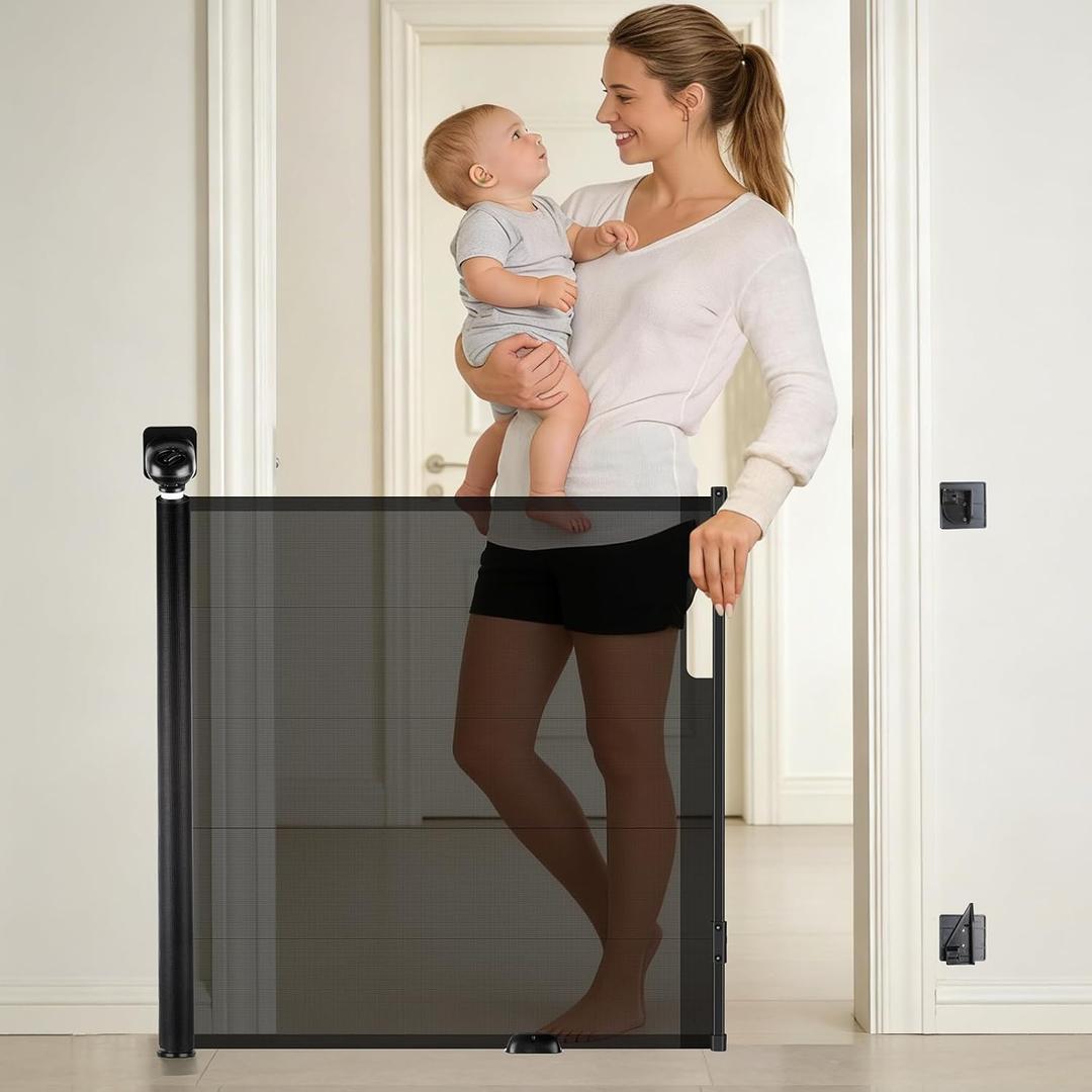 Retractable Baby Safety Gate, 33.8" Tall Extends to 55" Wide, Dual Lock, Adjustable Mounting, Extendable Pet Gate for Hallways, Stairs, Indoor & OutdoorBlack
