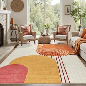 DCX Abstract Machine Washable 6x9 Rug, Mid Century Modern Rug for Living Room, Soft Low Pile Non Slip Carpet, Kid & Pet Friendly Stain Resistant Rug for Bedroom Dining Room Office, Orange & Yellow