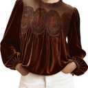 Velvet Tops for Women Lace Trim Long Sleeve Blouse Elegant Flared Crew Neck Loose Fit Ruffle Flowy Babydoll Shirts (Large, Brown)