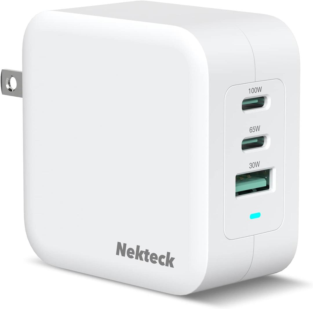 Nekteck 100W GaN USB C Fast Charger (3-Port) - PD 3.0 & QC 3.0 Compact Wall Charger for MacBook Pro/Air, iPhone 16/15/14, iPad, Galaxy S25/S24, PixelBook, Steam Deck, Laptops and More - Foldable (White)