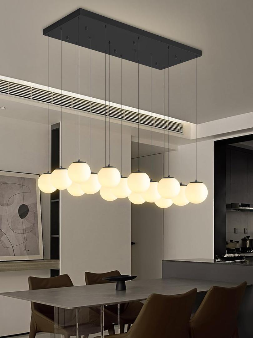 Ykolupty 16-Light Black Chandelier with White Globe Glass Dimmable Ceiling Light Glass Pendant Light for Kitchen Island, Dining Room, Living Room, Entry Hallway, LED Bulbs Included
