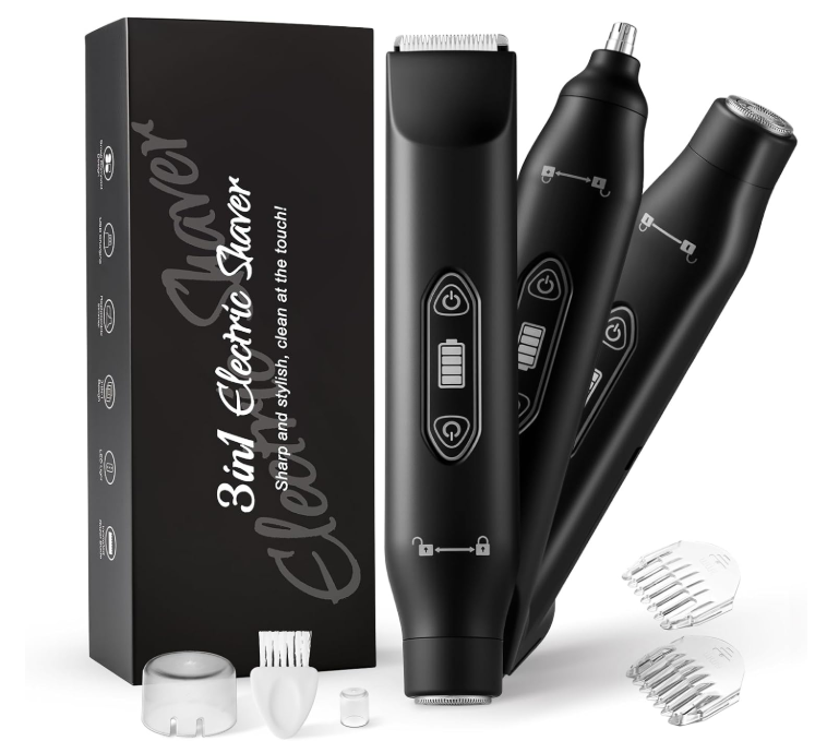 Body Hair Trimmer for Men，3 in 1 Electric Razor with Ceramic Blades, IPX7 Waterproof, USB Rechargeable, Painless Hair Removal for Face， Body， Nose， Groin, Travel Grooming Kit (Black)