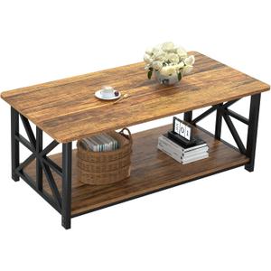 GreenForest Coffee Table with Round Corner, Farmhouse Center Table with 2-Tier Storage Shelf X-Frame Design for Living Room, 39 inch Walnut, 39.37 x 20.47 x 18.7 inches