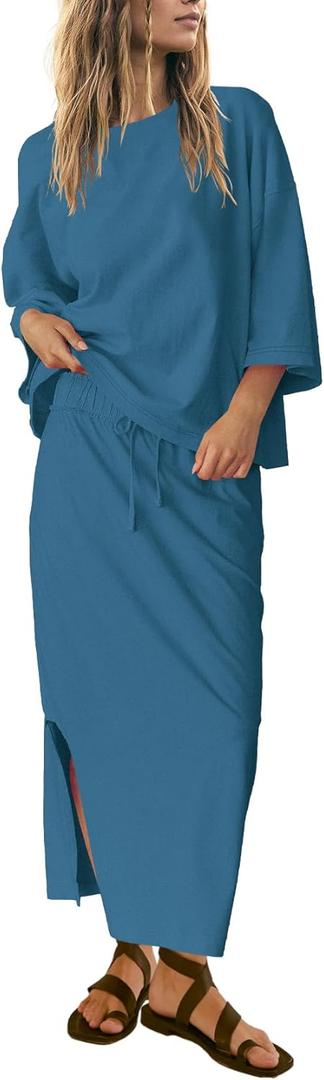 SENSERISE Womens 2 Piece Outfits Oversized Top and Maxi Skirt Set Summer Matching Sets Travel Vacation Outfits (Small, Dark Blue)