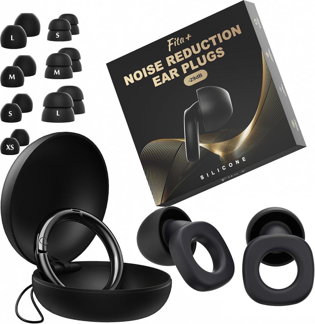 Fita+ Soft Ear Plugs for Sleeping, 7 Pairs XS/S/M/L, Reusable Noise Reduction Ear Plugs up to 33dB, Noise Cancelling for Work, Focus, Sleep - Black