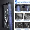 Multi-Function LED Lights Shower Panel System Black, 5 in 1 Shower Panel Include Rainfall & Waterfall Shower Head, 3 Pcs Adjustable Massage Jets, Handheld Shower, Tub Spout