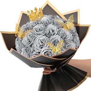 Waipfaru Glitter Roses Bouquet, DIY Fake Flowers Bouquet, Birthday Gifts for Women Mom, 24 Pcs Silver Rose for Grandma Wife Girlfriend Valentines, Mothers Day, Anniversary, Graduation