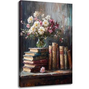 YSPCSUN Still Life Floral Canvas Wall Art Vintage Stacked Books Picture Rustic Farmhouse Decor For Living Room Large Impasto Style Flower Painting Print Gallery Wrapped Framed 36x24 Inch