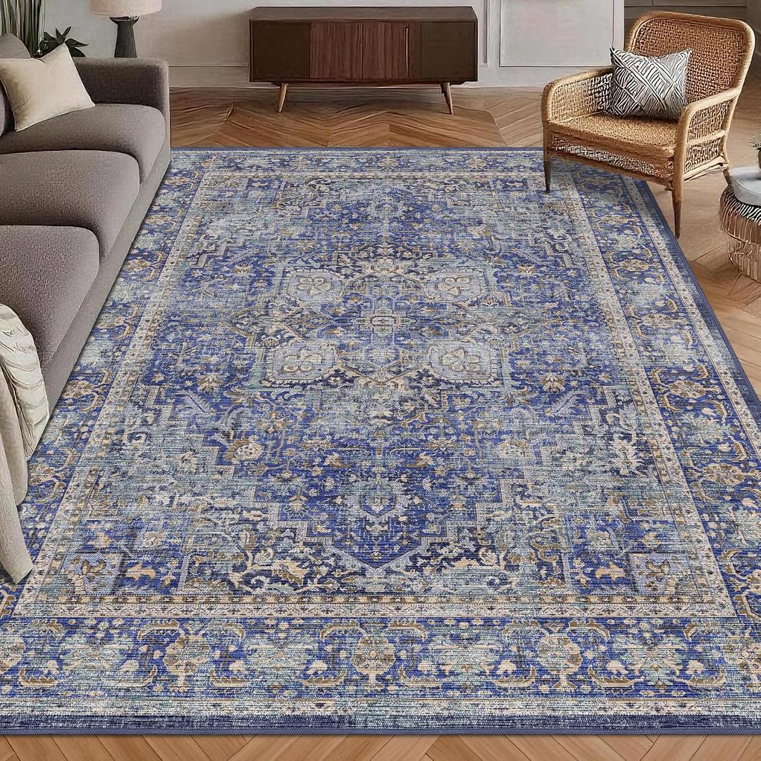 Washable Area Rug 6' x 9' Vintage Traditional Persian Mat - Foldable Distressed Non-Slip Machine Washable Carpet for Living Room Bedroom Kitchen Home Decor - Indigo and Gold