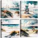Beach Wall Art Teal Blue Beach Scene Painting Wall Decor Bathroom Picture Watercolor Abstract Coastal Seascape Ocean Nature Landscape Canvas Artwork for Bedroom Living Room Home Decoration 12x12" 4Pcs