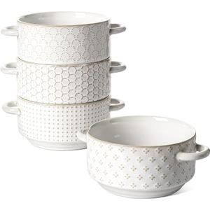 LE TAUCI Soup Bowls with Handles, 20 oz French Onion Soup Crocks, Stackable Soup Bowl Oven Safe for Chili, Beef Stew, Embossment Ceramic Bowl Set - 5.4 Inch, Set of 4, Arctic White