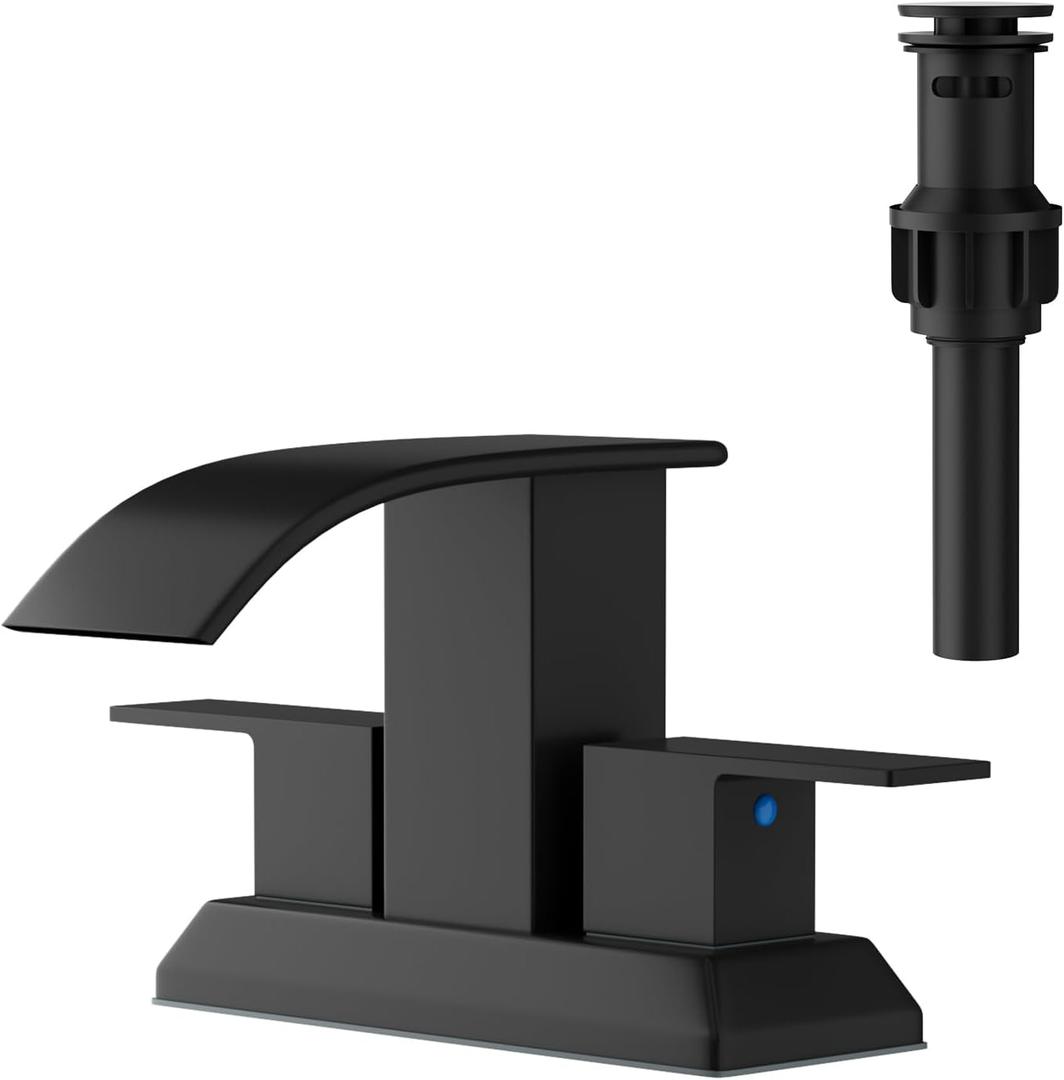 RUMOSE Matte Black Waterfall Bathroom Faucets 4 Inch Centerset Bathroom Sink Faucet with Pop Up Drain Two Handles 2 or 3 Holes Vanity Faucet RV Lavatory Basin Mixer Tap Deck Mount Stainless Steel