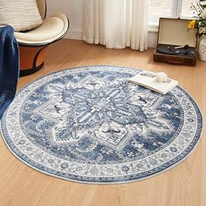 WITSHOCK Area Rug Round Rugs, 4Ft Oriental Circle Area Rugs for Living Room Machine Washable Non Slip Stain Backing Rug Soft Foldable, Vintage Rugs Home Office Kitchen Hallway Bedroom, Blue
