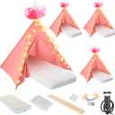 4 Pack Teepee Tent Bulk for Kids with Light String Inflatable Airbed Fitted Sheet Inflation Pump,Natural Cotton Toddler Play Tent for Girls Boys Slumber Party Sleepover Tents, Indoor Outdoor