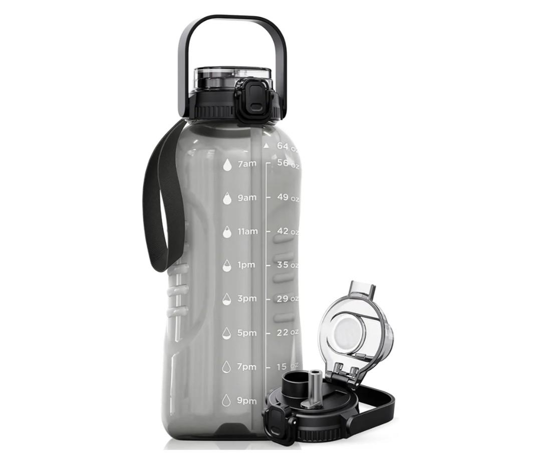 AQUAFIT 64 oz Water Bottle with Time Marker - 2in1 Straw & Chug Lid - BPA Free Big Water Bottle with Straw - Gym Water Bottle with Strap - Water Jug (64 Ounces, Gray)