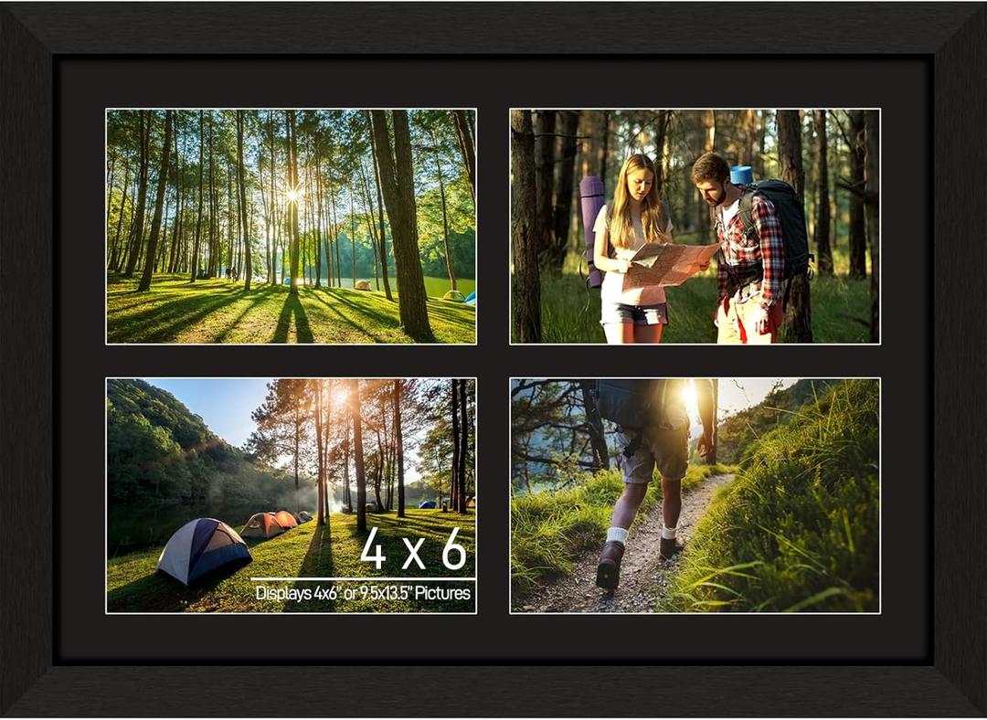 4x6 Photo Collage Frame 4 Openings, 9.5"x13.5" Multi Picture Frame Collage 4"x6" Gallery Wall Decor Wooden, Black Frame with Black Mat, Wood
