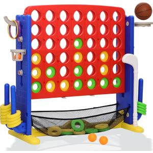 Giant 4 in A Row Game, Height Adjust Jumbo Yard Game Set for Kids & Adults with Mesh Catching Bag, Golf, Basketball Hoop & Ring Toss, 4-to-Score Connect Games for Indoor/Outdoor Fun