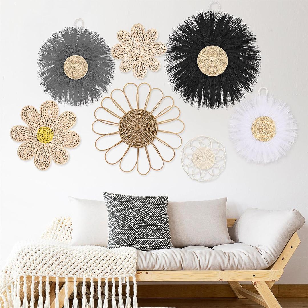 Chunful 7 Pcs Boho Wall Basket Decor Rattan Flower Wall Decor Nursery Daisy Flower Woven Macrame Hanging Flowers for Baby Kids Girls Farmhouse Bedrooms Living Rooms Kitchen Home(Light Grey)