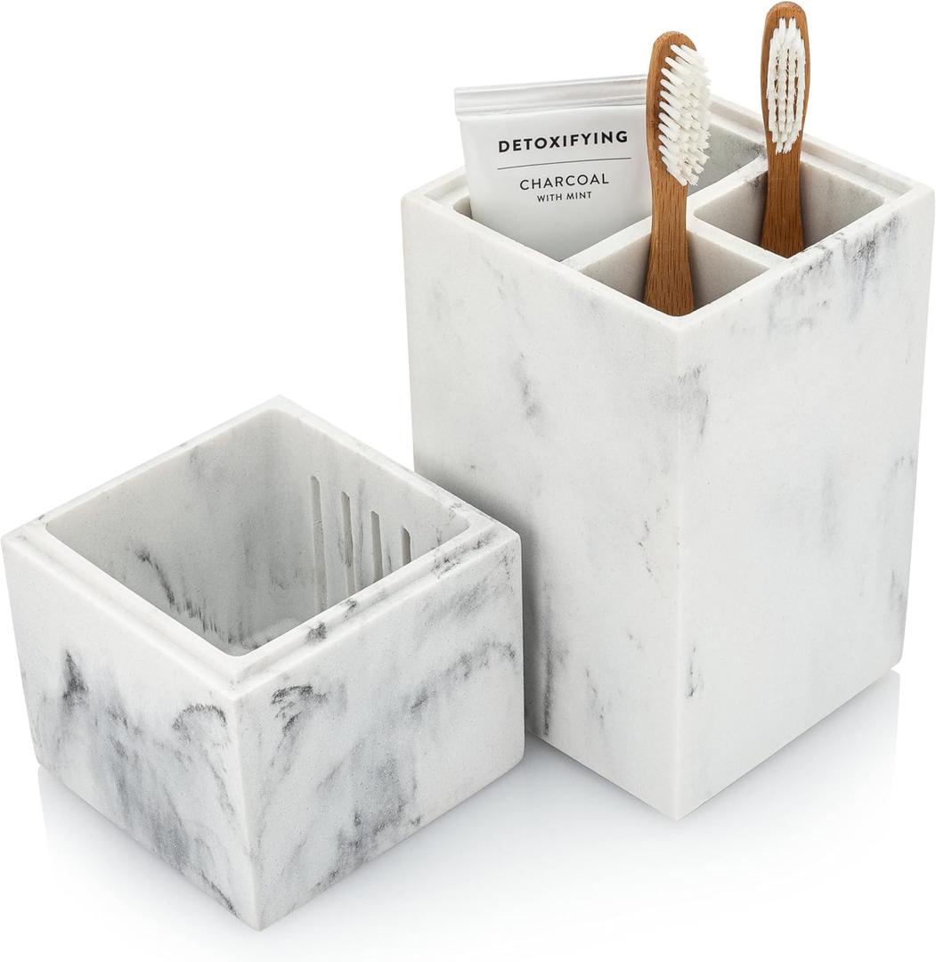 Essentra Home Toothbrush Holder with Lid, Elegant White Marble Bathroom Toothbrush & Toothpaste Organizer – Blanc Collection