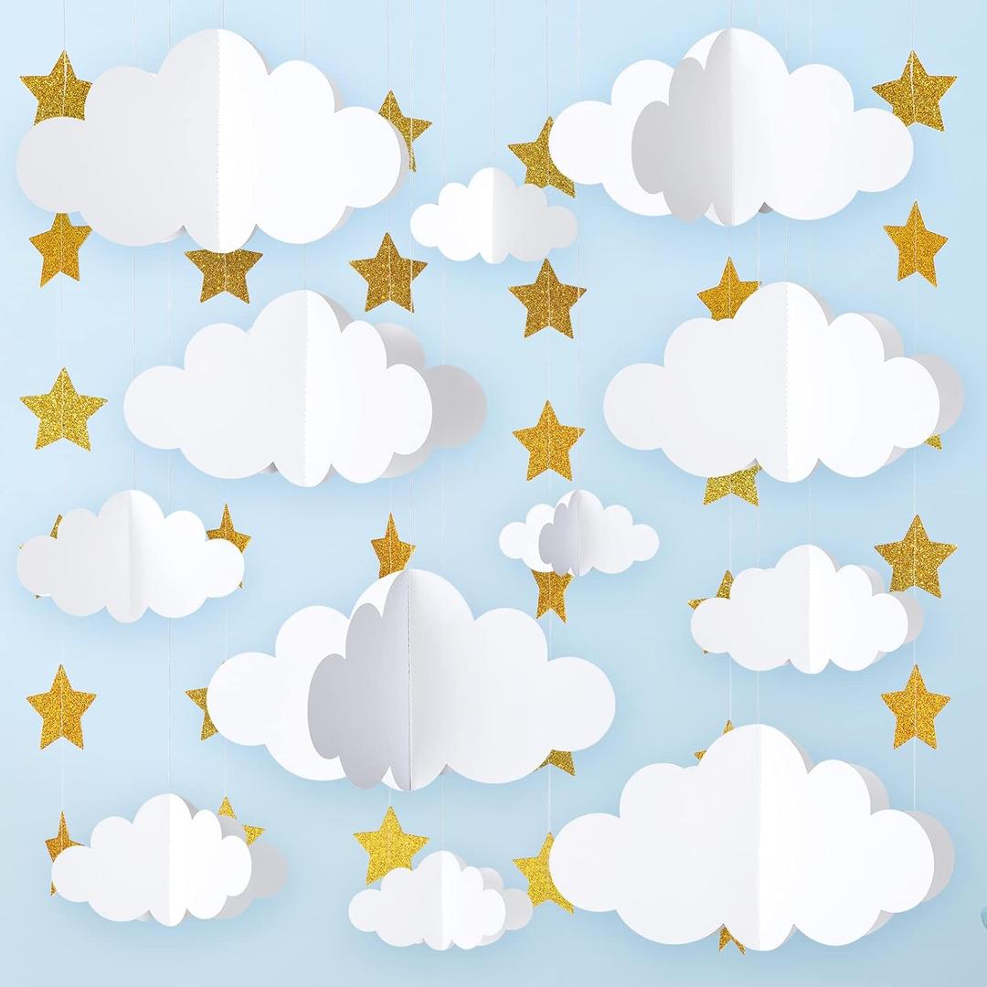 Hotop 18 Pcs 3D Cloud Party Decorations Hanging Clouds with Stars Garland White Paper Decorations for Baby Shower Wedding Ceiling Party Room Decor