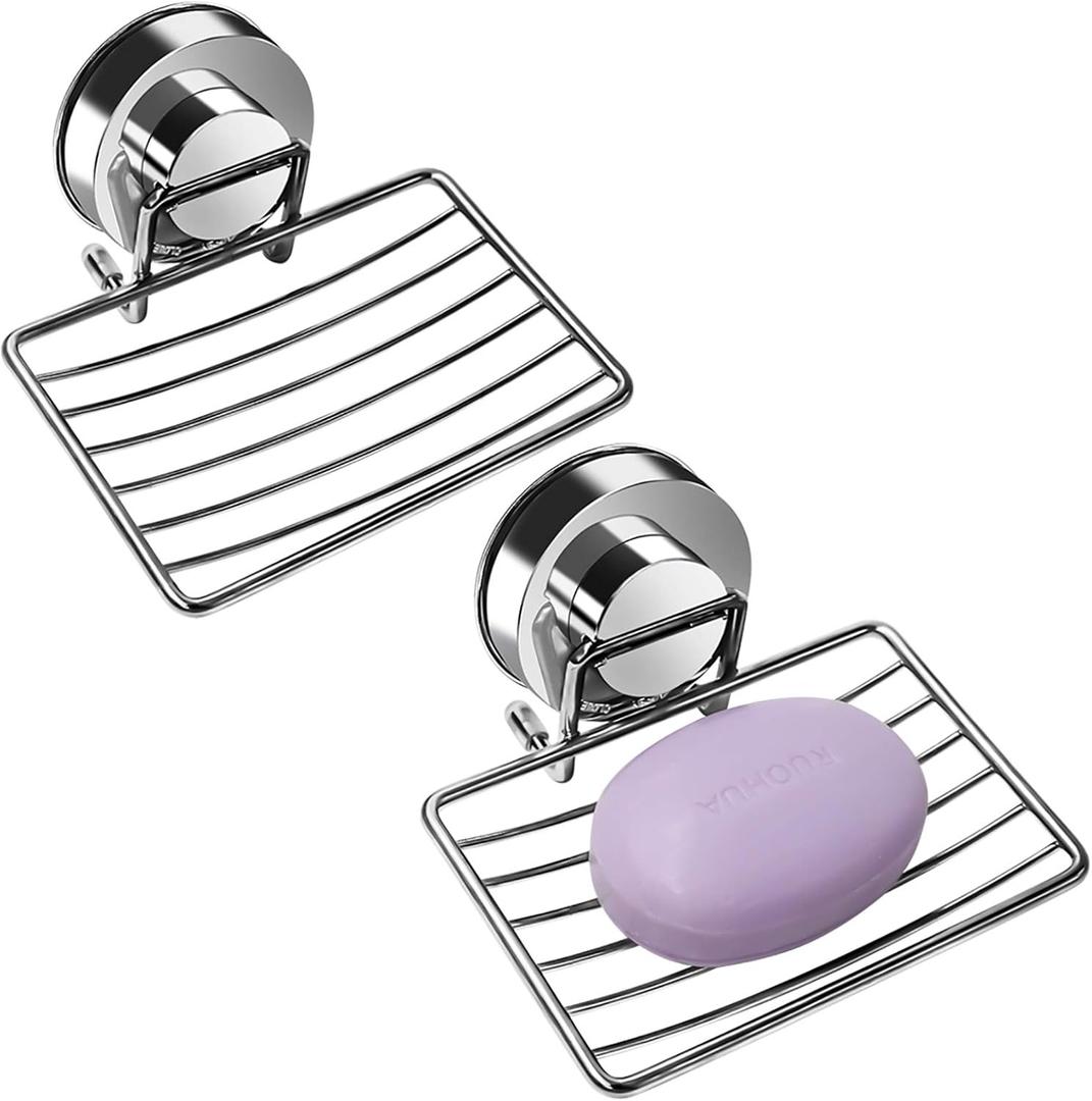 2 Packs Vacuum Suction Soap Dish Holder, 304 Stainless Steel Soap Holder for Shower Bathroom Tub Kitchen Sink (Silver, Shallow)