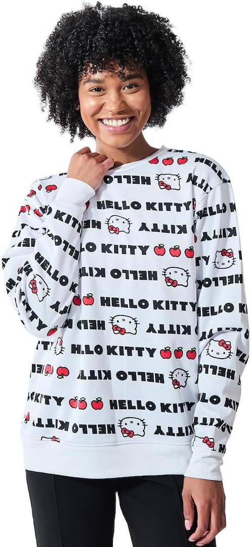 Bioworld Hello Kitty Repeat Text Women's White Crew Neck Long Sleeve Sweatshirt (Medium)