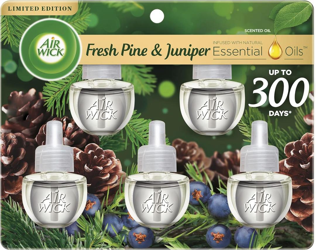 Air Wick Plug in Scented Oil Refill, 4 ct, Fresh Pine and Juniper, Air Freshener, Essential Oils, Fall Scent, Fall decor