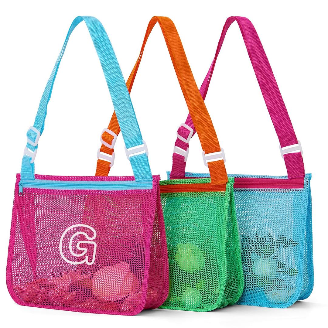 3Pcs Alphabet Printed Seashell Bags, Lightweight & Foldable Kids Beach Toy Mesh Bags with Adjustable Straps, Waterproof and Portable for Pool and Beach Essentials-G