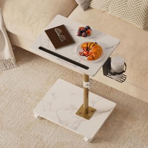 Katrawu TV Tray Table, Adjustable Dinner Trays for Eating Table, 360° Swivel & Sofa Armrest End Side Table, C Shaped Couch Snack Table for Bedroom, Living Room, Small Space(White+Gold)