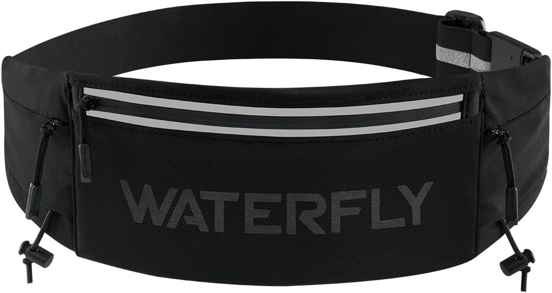 WATERFLY Running Belt Fanny Pack: Breathable 3 Pocket Waist Bag for Men Women Workout Exercise Fitness Phone Holder Fits All Phones - Runner Marathon Jogging Race Belt with Bib Clip Black