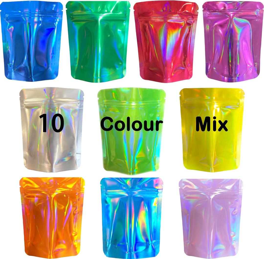 100 Pack Premium Smell Proof Mylar Bags, 10 Colors Mixed Resealable Food Storage Bags with Double-sided printing, 4.7" x 3.5" Aluminum Foil Stand-up Packaging Bags. (Holographic-S)