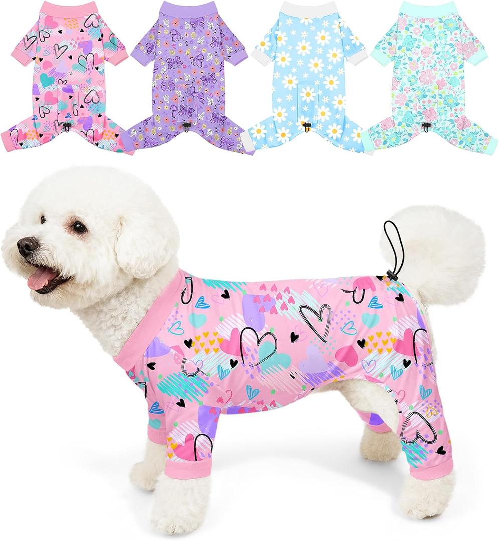 Bienbee Dog Pajamas, 4 Pack Dog Recovery Suit Shedding Suit Cute Soft Puppy Clothes Dogs Pjs Onesies Jammies Adjustable Breathable & Stretchy Clothes for Small Medium Large Dogs Girl Boy Puppy-M