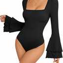 MANGOPOP Bell Sleeve Square Neck Bodysuits for Women Long Sleeve Bodysuit Going Out Tops(XL)