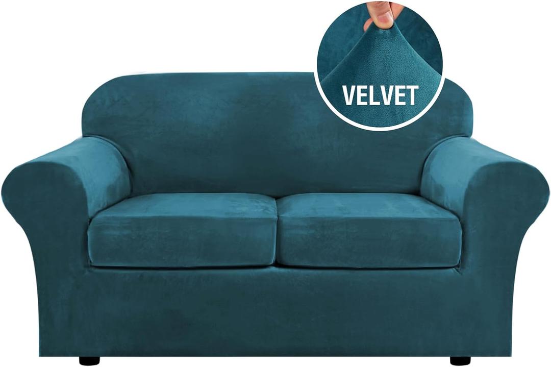 H.VERSAILTEX Real Velvet Plush 3 Piece Stretch Sofa Covers Couch Covers for 2 Cushion Couch Loveseat Covers Width Up to 72 Inch Feature Thick Soft Stay in Place (Medium Sofa, Deep Teal)