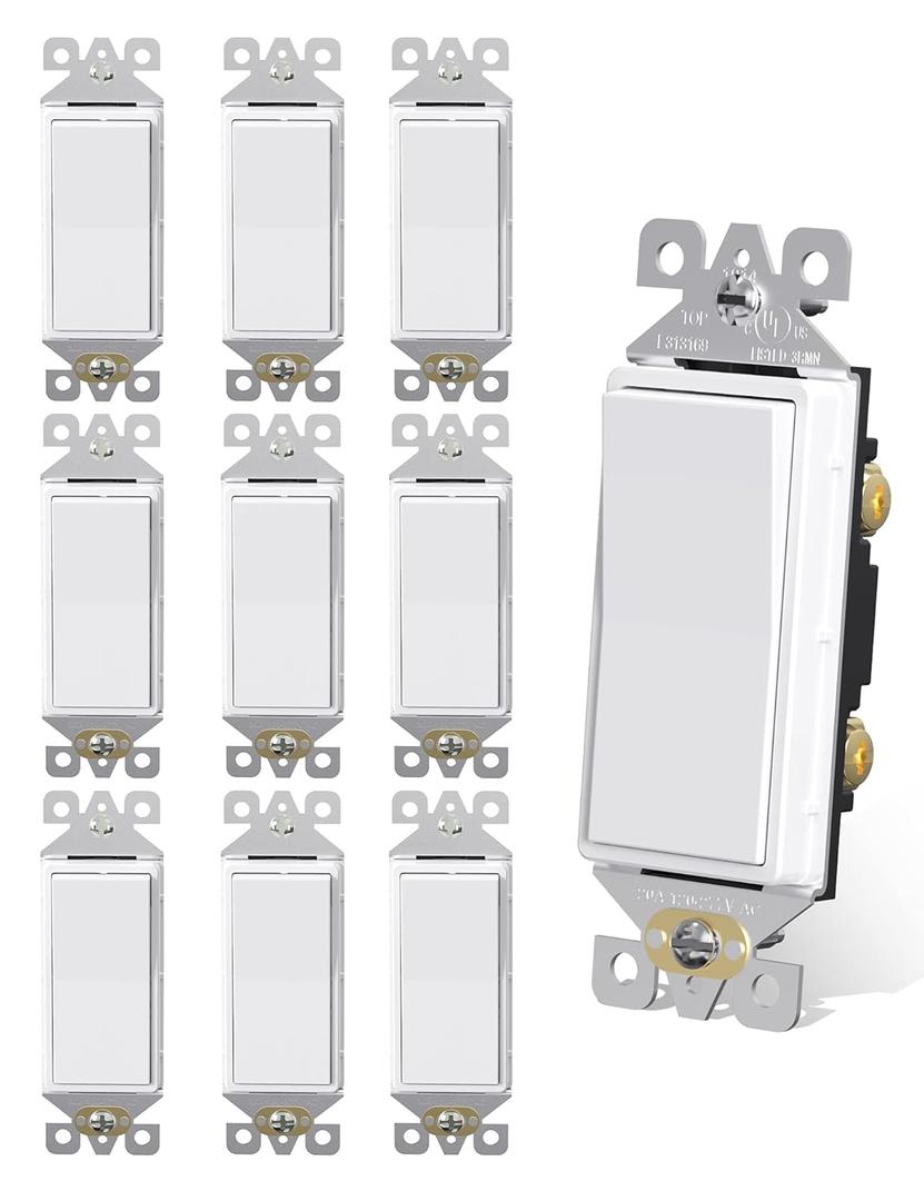 AIDA Light Switch Single Pole Light Switch Square Rocker Switch Decora Switches White, 15 Amp Self-grounding Electrical Light Switches, Residential Grade, UL Listed (10 Pack, Glossy White)