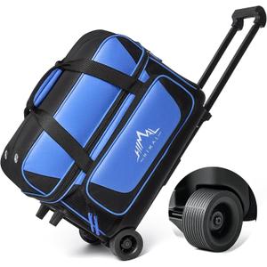 Double Roller 2 Ball Bowling Bag with Separate Shoe Compartment for Bowling Shoes (Up To US Mens Size 15) and Oversized Accessory Pocket, Retractable Handle - Extends to 40" (Black-Blue)
