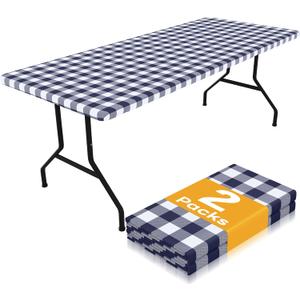 Smiry Picnic Table Cloth 2 Pack, Waterproof Elastic Fitted Tablecloths for 6FT Rectangle Tables, Washable Polyester Buffalo Plaid Tablecloth for Camping, Dining & Outdoor (Navy & White, 30" x 72")