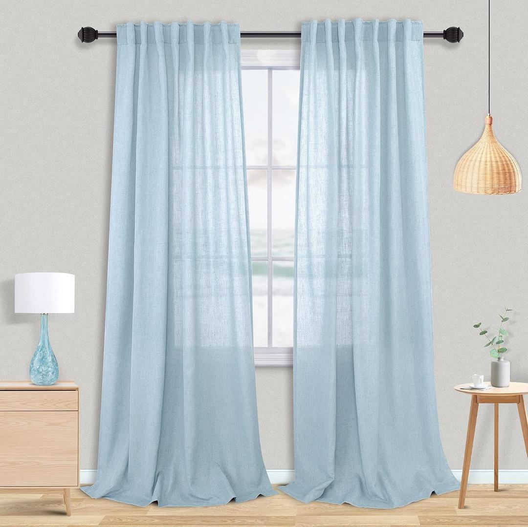 Light Blue Linen Curtains 90 Inches Long for Living Room Girls Bedroom Nursery Summer Cozy Decor Rod Pocket Back Tab Pale Sky Blue Light Filtering Window Drapes Set 2 Panels for Dining Room