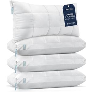 Nuzzle Pillows Queen Size Set of 4 Adjustable Firm Pillows, Luxury Hotel Collection Bed Pillows Best Adjust Height Soft Cooling Pillows for Back, Stomach and Side Sleepers