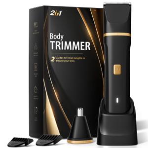 Electric Body Trimmer for Men, IPX7 Waterproof Groin and Pubic Hair Shaver, 2 in 1 Dual Head Grooming Kit for Beard Nose Ear, Cordless Rechargeable with Charging Dock, Ceramic Blades, Painless Trim (Black)