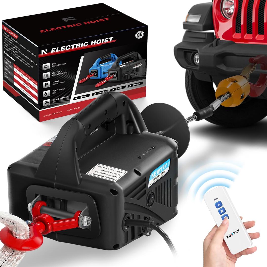 NEWTRY 3 in 1 Electric Hoist Winch 1,100lb Wireless Remote Control, Cable Remote Control, 110/120 Volt Portable Power Electric Hoist, Vertically & Horizontally, Lift 16ft/min