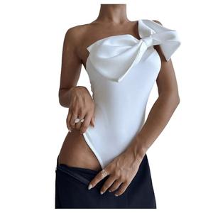 SHENHE Women's One Shoulder Sleeveless Big Bow Front Elegant Fitted Tank Top Bodysuit White Large SHENHE Women's One Shoulder Sleeveless Big Bow Front Elegant Fitted Tank Top Bodysuit White Large
