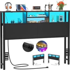 Aheaplus Headboard for Full Size Bed with Storage, Headboards with Outlets, USB Ports and LED Light, Full Size Head Board Only, Height Adjustable, Reversible, Sturdy and Stable Headboard, Black