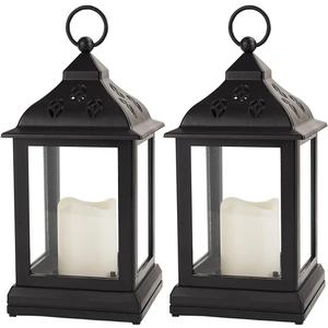 2-Pack 9.5" Vintage Decorative Candle Lantern with LED Flickering Flameless Candle (Black, 8hr Timer) - Indoor Hanging Lanterns Decorative Lanterns Battery Powered LED Candle Timer Candle