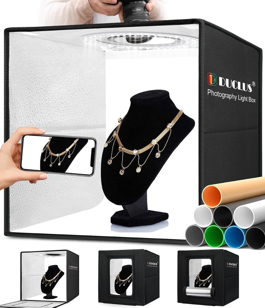 DUCLUS Light Box Photography, 16x16 Inch Photo Light Box with 160 Dimmable LED Lights (CRI 97+), 6 PVC & 2 Paper Backdrops, Portable Studio Box for Product Photography: Jewelry, Food, Shoes