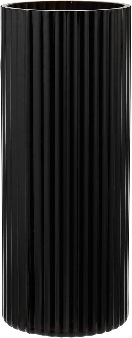 Black Glass Vase for Flowers, Ribbed Glass Vase for Tulips, Black Modern Vases, Tall Cylinder Glass Vases for Living Room, Bedroom, Dining Table, Office, Wedding, Bookshelf, 10 Inches