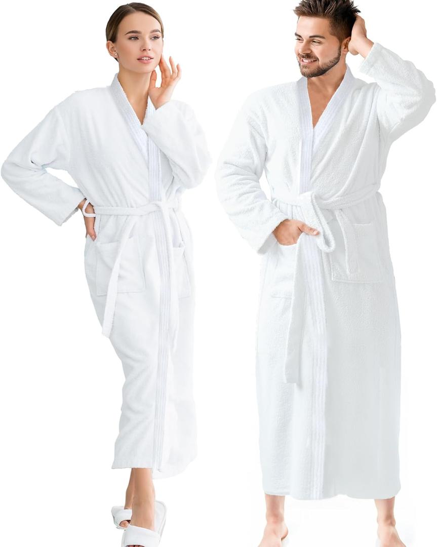 Jmr Terry Cloth Robes for Women & Men - Lightweight Cotton Bathrobe - Spa-Quality White Cotton Robe for After Shower (Large, White-kimono Collar)