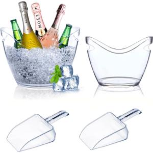 Beverage Tubs for Parties Plastic Ice Bucket for Cocktail Bar Clear Acrylic Wine Bucket with Scoops Drink Bucket Cooler for Chiller Bin for Champagne or Beer (8 L, 4 L)